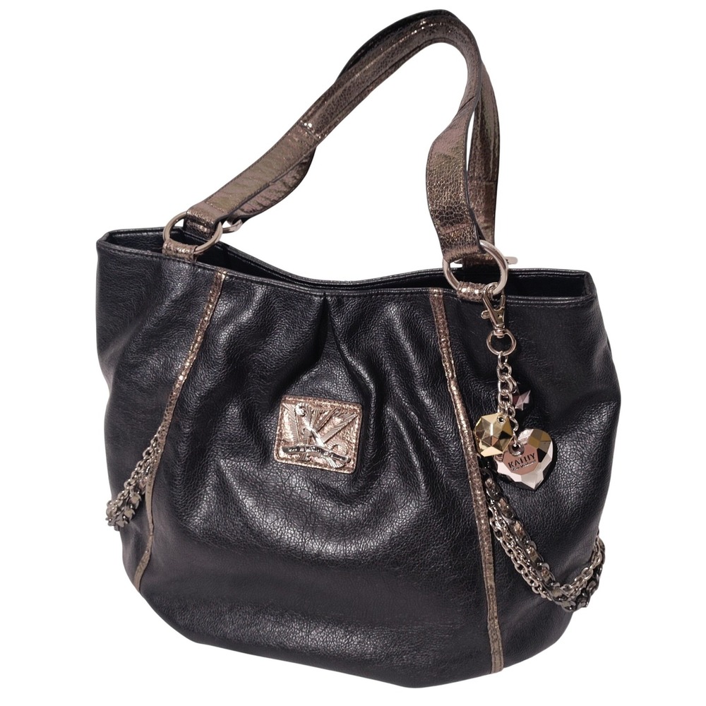 Kathy Van Zeeland Black Pebbled Faux Leather Shoulder Bag Bronze Trim Charms